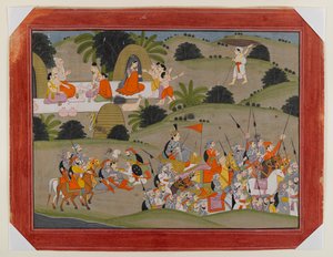 Batalla entre Lava y el Hermano de Rama, Shatrughna, cerca del Ermitaño de Valmiki, Página de una Serie Dispersa del Ramayana, c.1820